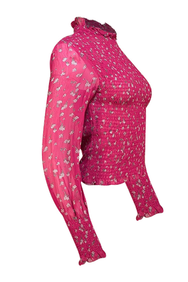 Rag & Bone - Dark Pink Floral Smocked Long Sleeve Top Sz M - Current Boutique