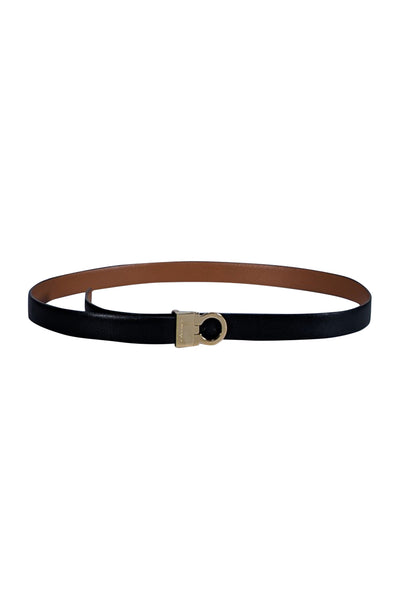 Ferragamo - Black & Brown Leather Reversible Thin Belt Sz S - Current Boutique