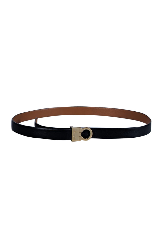 Ferragamo - Black & Brown Leather Reversible Thin Belt Sz S - Current Boutique