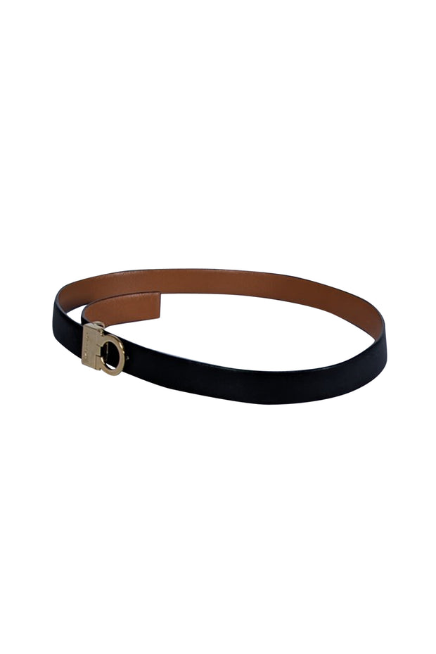 Ferragamo - Black & Brown Leather Reversible Thin Belt Sz S - Current Boutique
