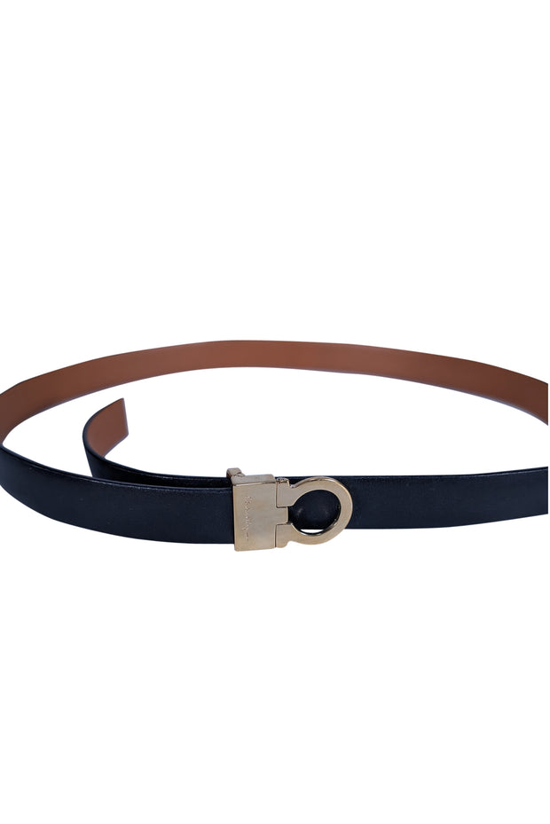 Ferragamo - Black & Brown Leather Reversible Thin Belt Sz S - Current Boutique