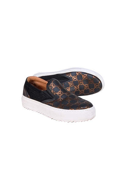 Valentino by Mario Valentino - Black &amp; Bronze Logo Print Slip On Shoes Sz 8.5 - Current Boutique