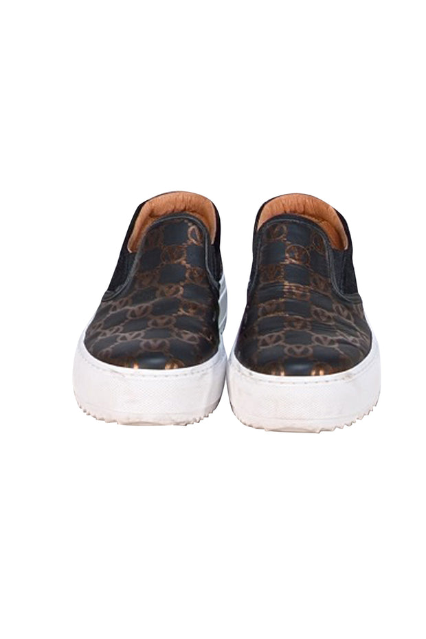 Valentino by Mario Valentino - Black &amp; Bronze Logo Print Slip On Shoes Sz 8.5 - Current Boutique