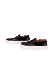 Valentino by Mario Valentino - Black &amp; Bronze Logo Print Slip On Shoes Sz 8.5 - Current Boutique