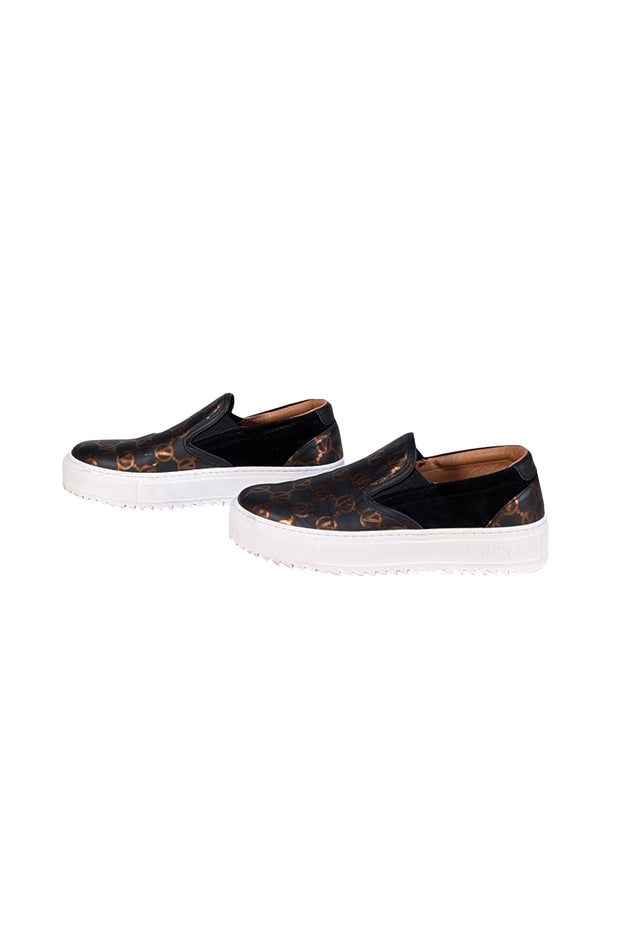 Valentino by Mario Valentino - Black &amp; Bronze Logo Print Slip On Shoes Sz 8.5 - Current Boutique