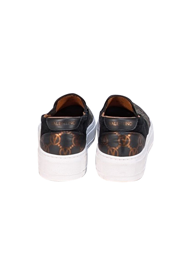 Valentino by Mario Valentino - Black &amp; Bronze Logo Print Slip On Shoes Sz 8.5 - Current Boutique