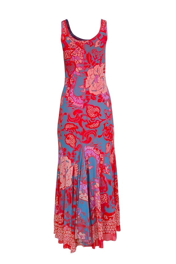 Fuzzi - Red, Cream, Lavender, & Teal Floral Sleeveless Dress Sz M - Current Boutique