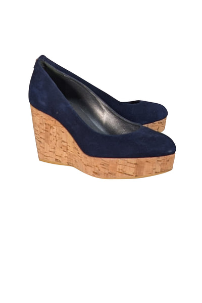 Stuart Weitzman - Navy Suede Upper Cork Wedges Sz 8.5 - Current Boutique