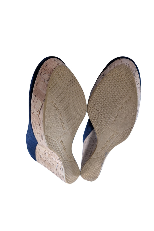 Stuart Weitzman - Navy Suede Upper Cork Wedges Sz 8.5 - Current Boutique