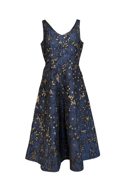 Kate Spade - Navy, Black, & Gold Floral Brocade Sleeveless Formal Dress Sz 8 - Current Boutique