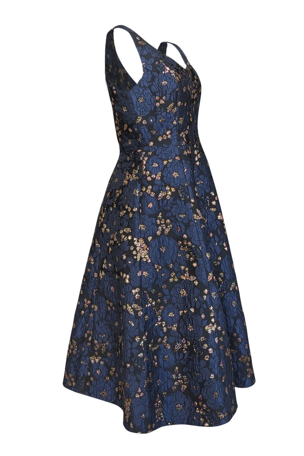 Kate Spade - Navy, Black, & Gold Floral Brocade Sleeveless Formal Dress Sz 8 - Current Boutique