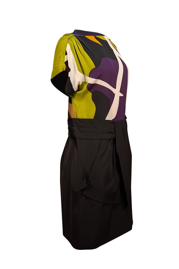 Diane von Furstenberg - Black, Green, Purple Print Draped Dress Sz 12 - Current Boutique