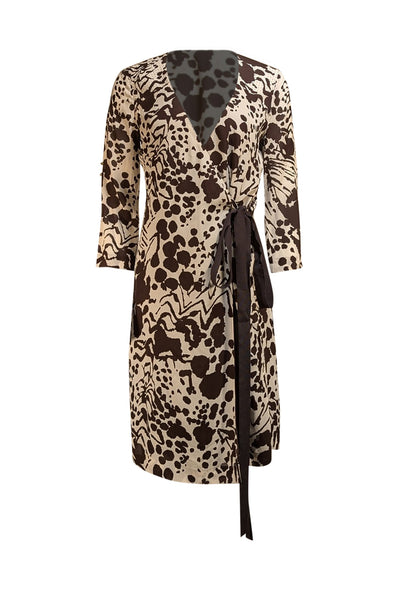 Tory Burch - Ivory & Brown Printed Wrap Dress Sz 4 - Current Boutique