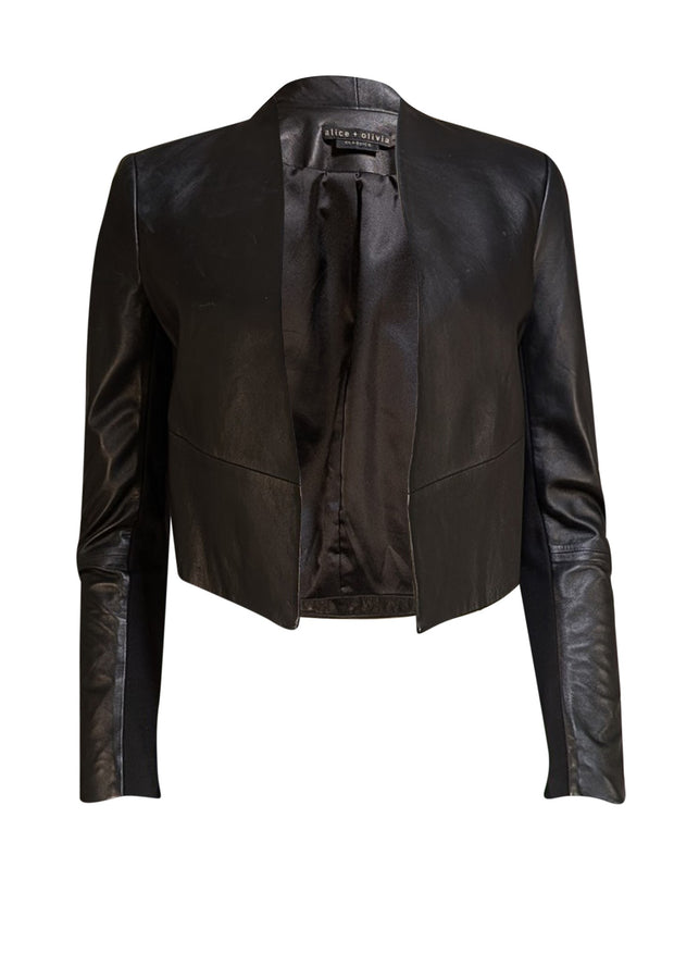 Alice & Olivia - Black Cropped Leather "Harvey" Blazer Sz S - Current Boutique