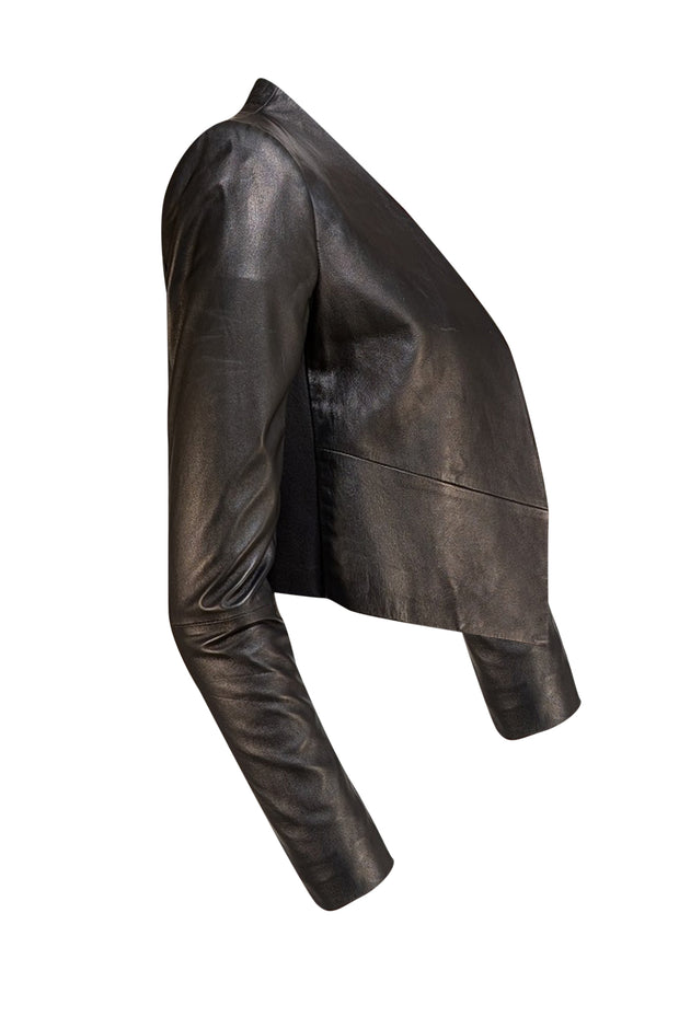 Alice & Olivia - Black Cropped Leather "Harvey" Blazer Sz S - Current Boutique