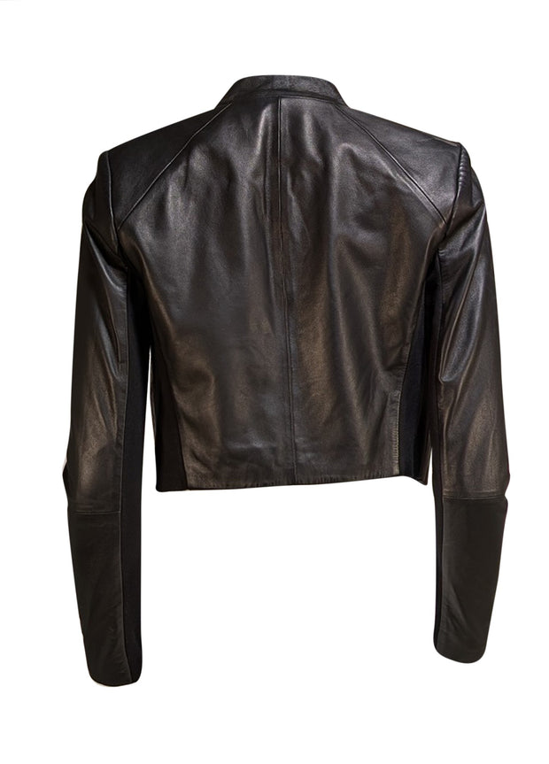 Alice & Olivia - Black Cropped Leather "Harvey" Blazer Sz S - Current Boutique