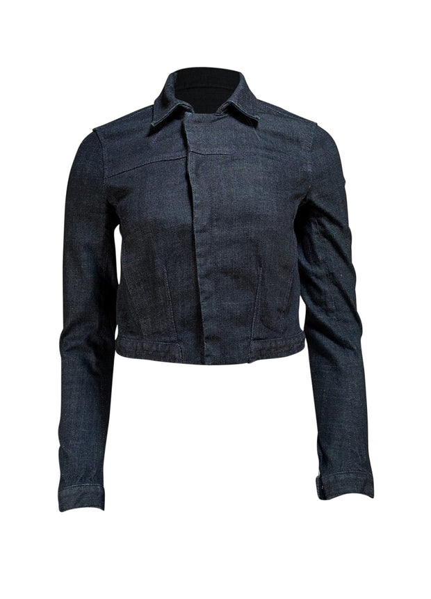 Helmut Lang - Dark Wash Denim Cropped Collared Jacket Sz P - Current Boutique