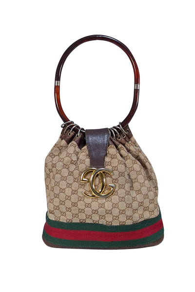 Gucci - Beige & Brown Monogram Bucket Canvas Bag - Current Boutique