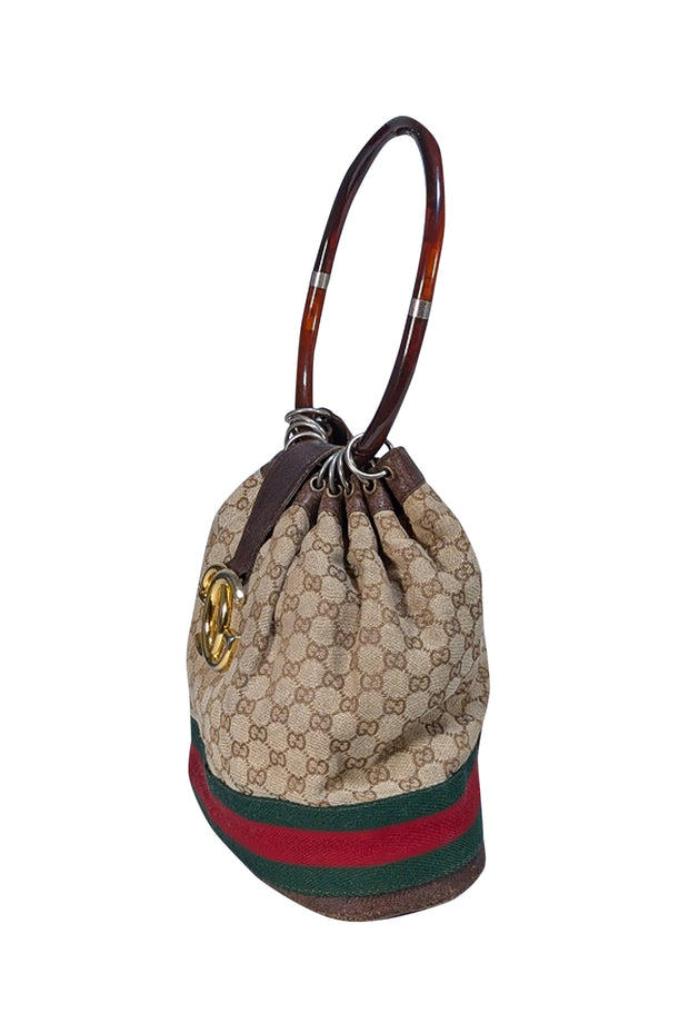 Gucci - Beige & Brown Monogram Bucket Canvas Bag - Current Boutique