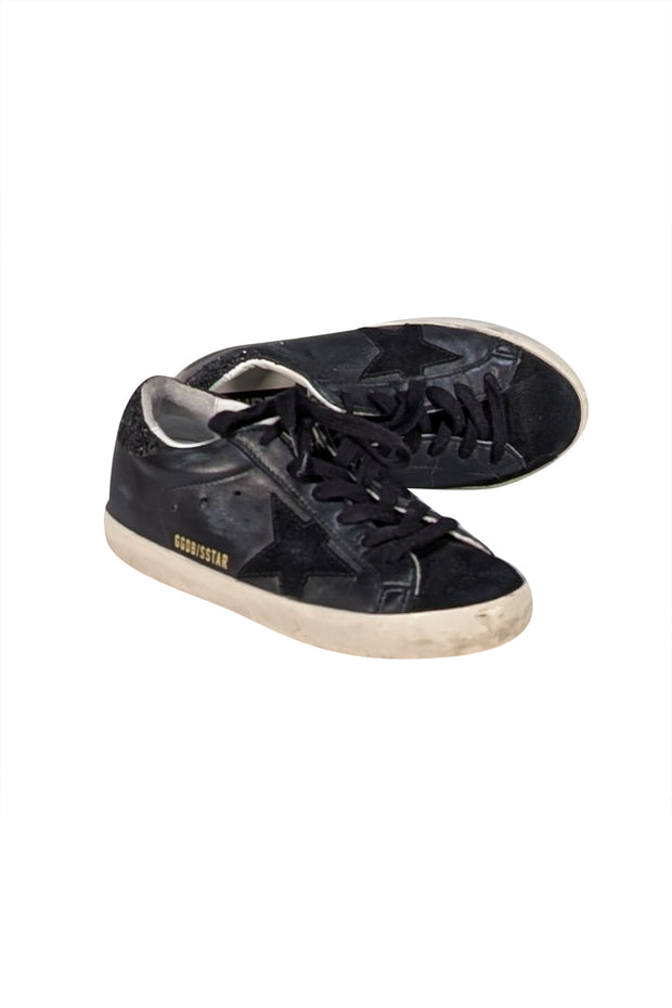 Golden Goose - Black Leather "Super Star" Sneakers w/ Glitter Heel Sz 5 - Current Boutique