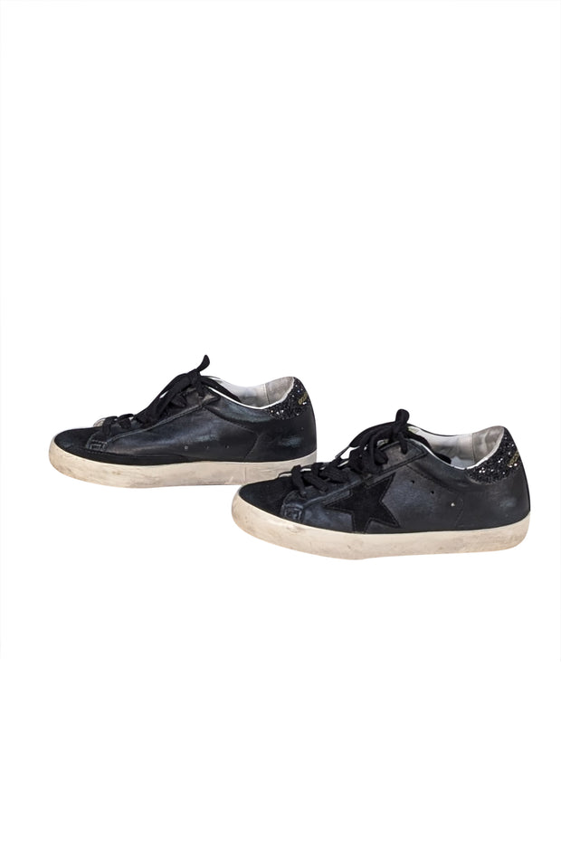 Golden Goose - Black Leather "Super Star" Sneakers w/ Glitter Heel Sz 5 - Current Boutique