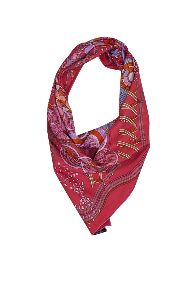 Hermes - Pink, Coral, Orange, & Light Blue Print Silk Scarf - Current Boutique