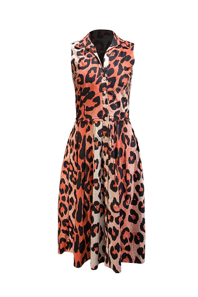 Samantha Sung - Neon Coral Pink, Cream, & Black Leopard Print Sleeveless Dress Sz 4 - Current Boutique