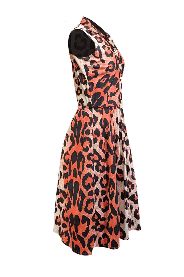 Samantha Sung - Neon Coral Pink, Cream, & Black Leopard Print Sleeveless Dress Sz 4 - Current Boutique