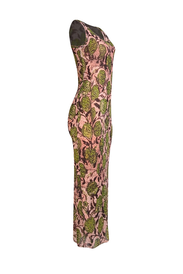 Fuzzi - Pink & Green Floral Print Sleeveless Maxi Dress Sz M - Current Boutique