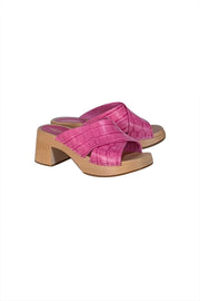 Swedish Hasbeens - Pink Croc Embossed Wooden Mule Heels Sz 9 - Current Boutique