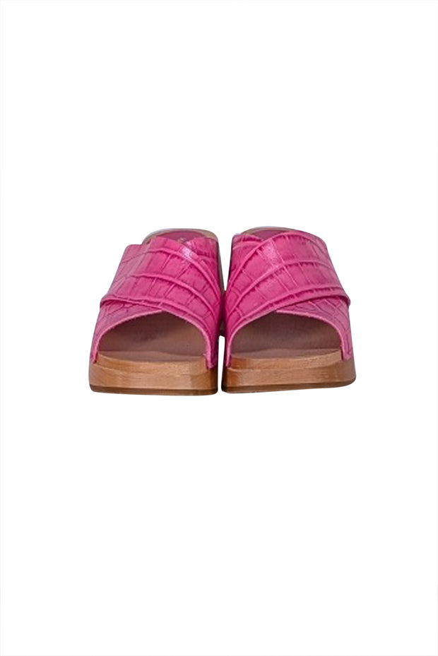 Swedish Hasbeens - Pink Croc Embossed Wooden Mule Heels Sz 9 - Current Boutique