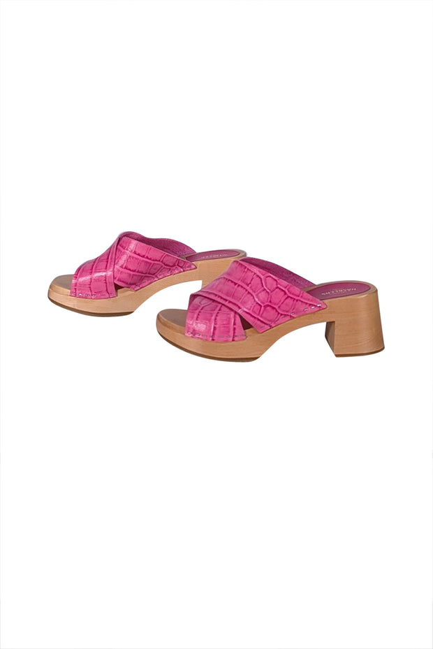 Swedish Hasbeens - Pink Croc Embossed Wooden Mule Heels Sz 9 - Current Boutique
