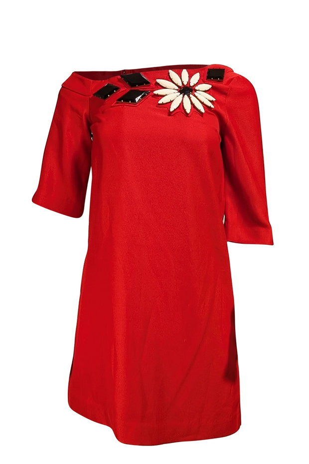 Karta - Red Short Sleeve Beaded Shift Dress Sz S - Current Boutique