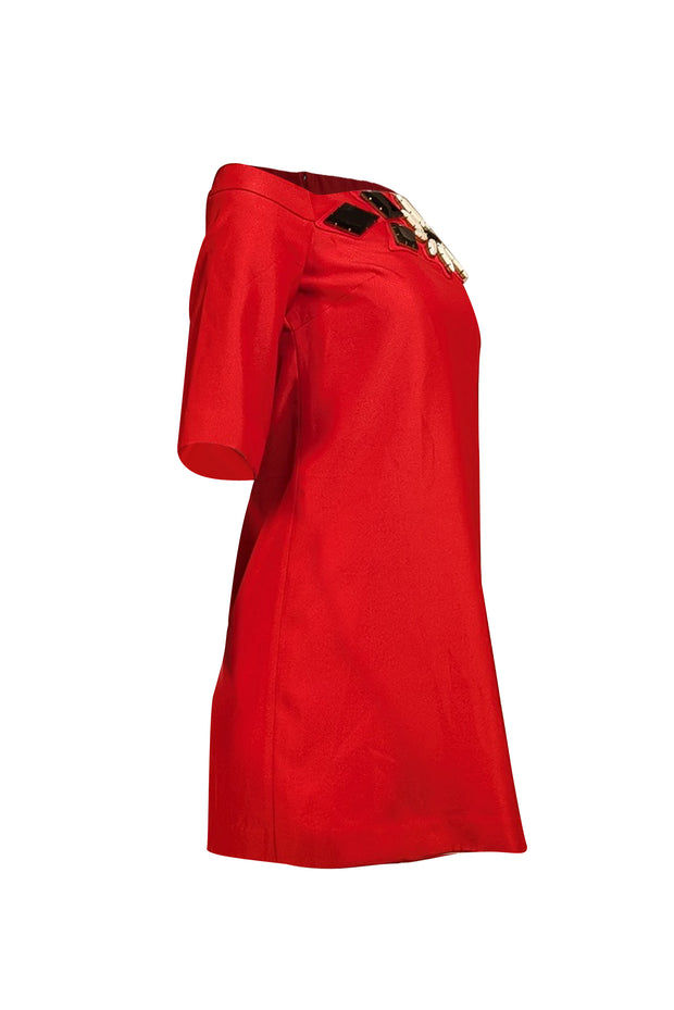 Karta - Red Short Sleeve Beaded Shift Dress Sz S - Current Boutique
