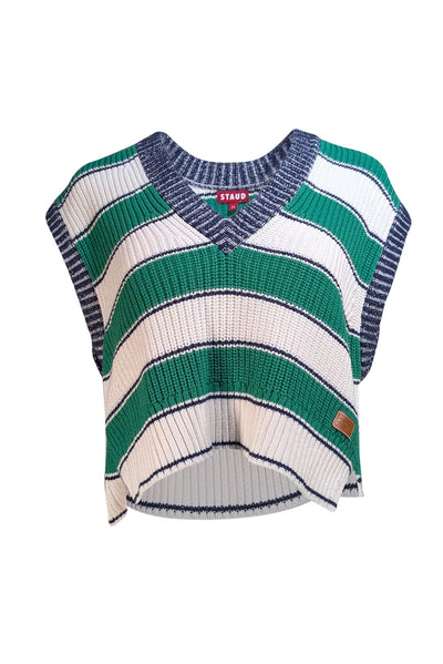 Staud - Green, White, & Navy Stripe V-Neckline Crop Sweater Vest Sz XS - Current Boutique