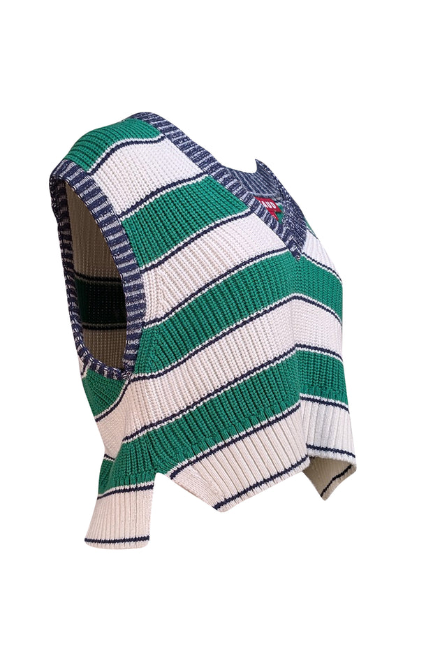 Staud - Green, White, & Navy Stripe V-Neckline Crop Sweater Vest Sz XS - Current Boutique