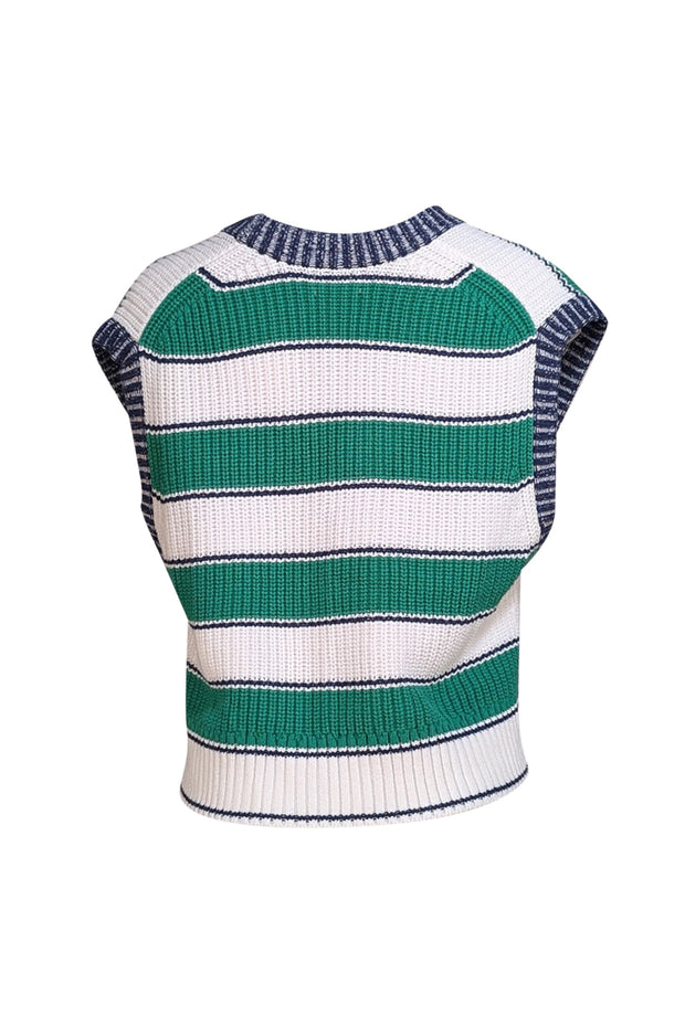 Staud - Green, White, & Navy Stripe V-Neckline Crop Sweater Vest Sz XS - Current Boutique