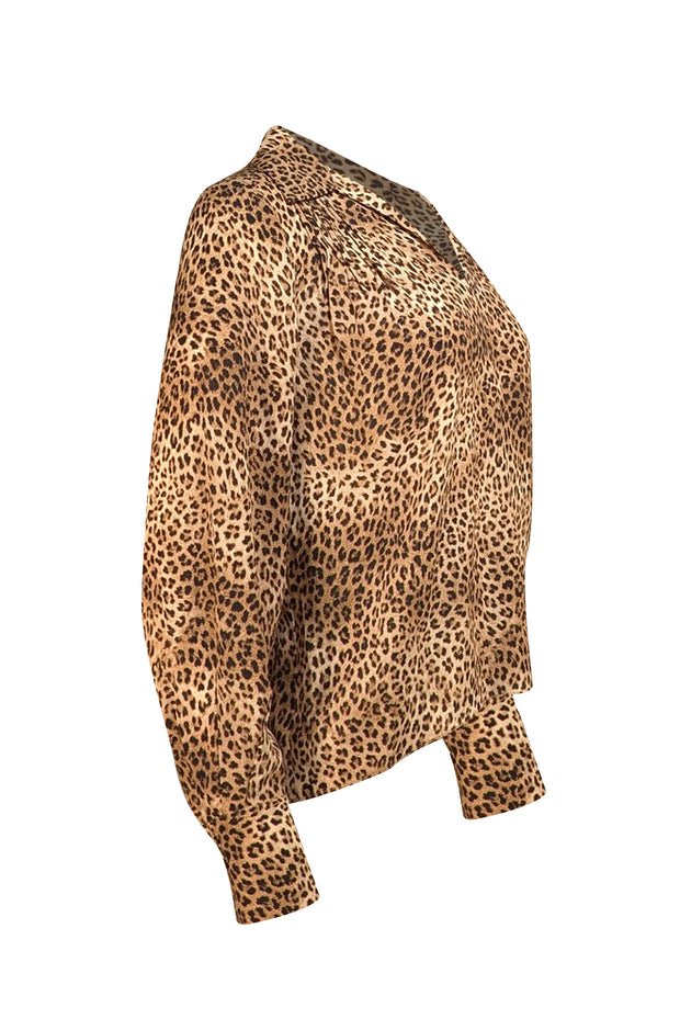 Frame - Tan & Black Leopard V-Neckline Blouse Sz XS - Current Boutique