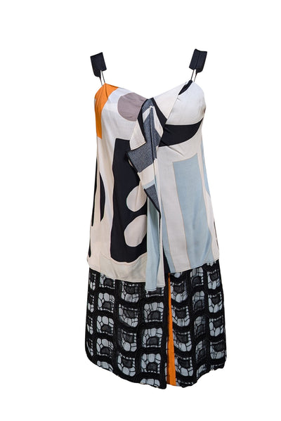 Diane von Furstenberg - Black, Light Blur & Orange Print w/Lace Detail Dress Sz 2 - Current Boutique