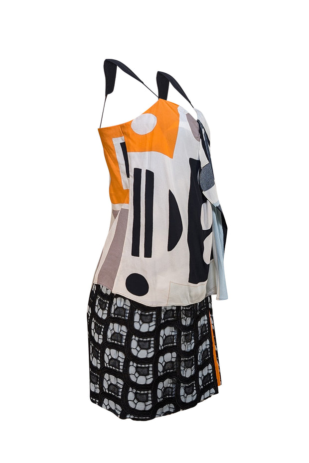 Diane von Furstenberg - Black, Light Blur & Orange Print w/Lace Detail Dress Sz 2 - Current Boutique