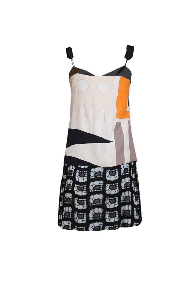 Diane von Furstenberg - Black, Light Blur & Orange Print w/Lace Detail Dress Sz 2 - Current Boutique