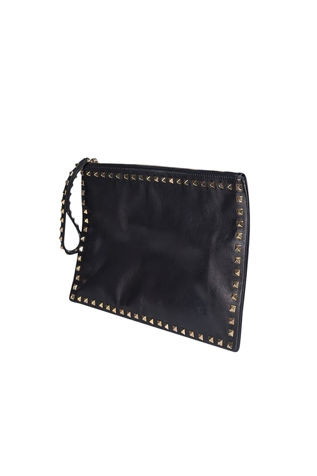Valentino - Black Leather Gold Studded Trim Clutch Pouch - Current Boutique