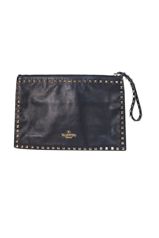 Valentino - Black Leather Gold Studded Trim Clutch Pouch - Current Boutique