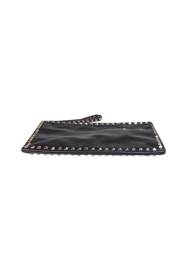 Valentino - Black Leather Gold Studded Trim Clutch Pouch - Current Boutique