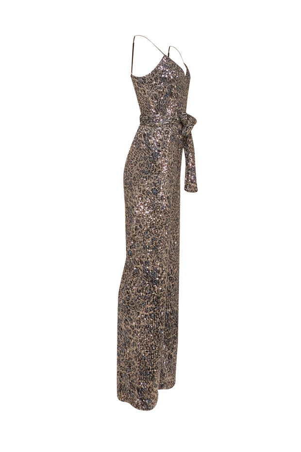 Black Halo - Silver, Blue, & Grey Sequin Jumpsuit Sz 2 - Current Boutique