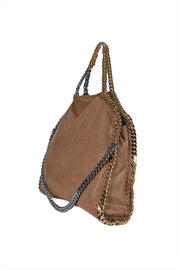 Stella McCartney - Tan Faux Suede Falabella Bag w/ Gold & Silver Chain Strap Detail - Current Boutique