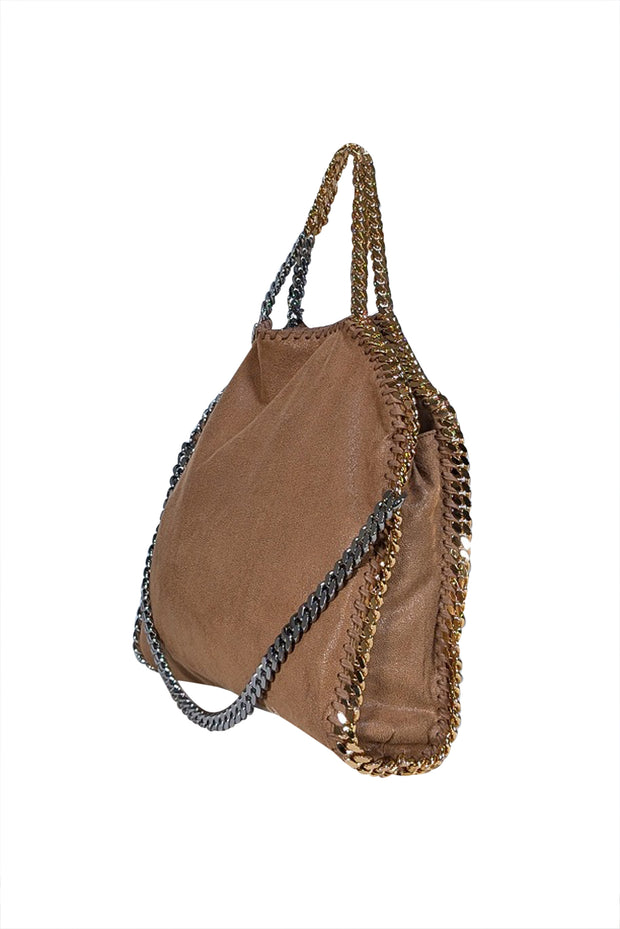 Stella McCartney - Tan Faux Suede Falabella Bag w/ Gold & Silver Chain Strap Detail - Current Boutique