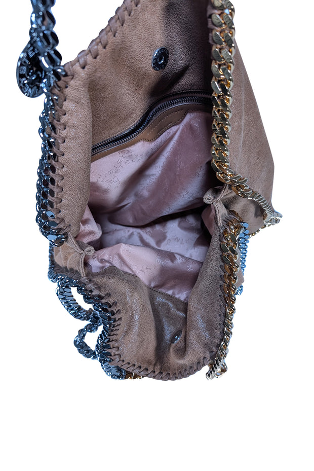 Stella McCartney - Tan Faux Suede Falabella Bag w/ Gold & Silver Chain Strap Detail - Current Boutique