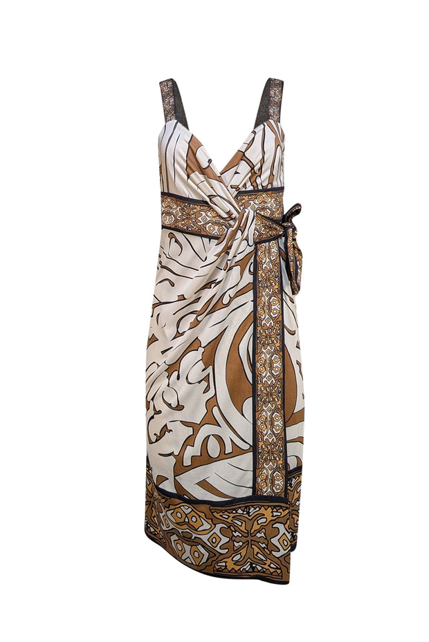 Diane von Furstenberg - Ivory w/ Brown & Black Print Wrap Tie Sleeveless Dress Sz 4 - Current Boutique