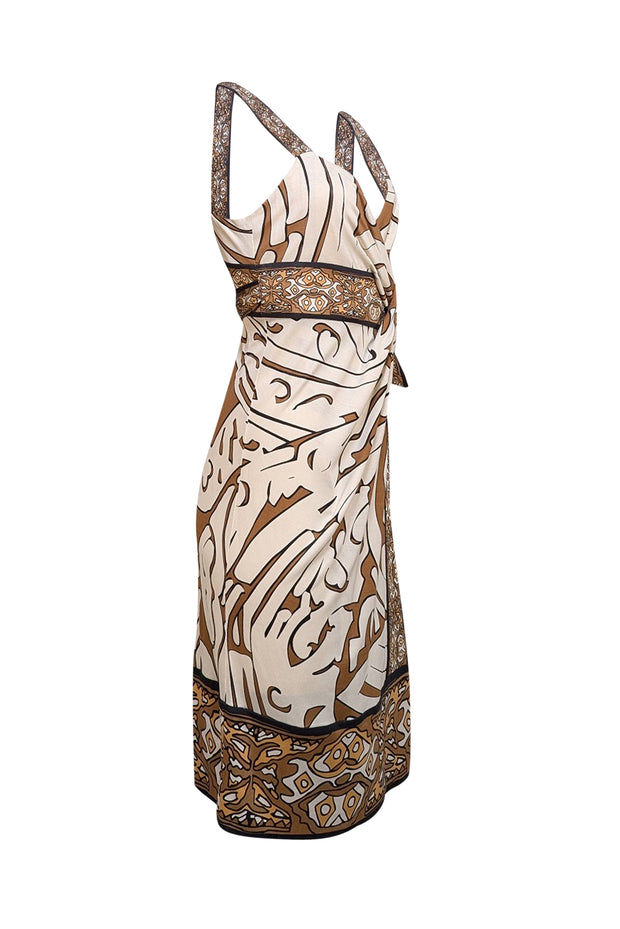 Diane von Furstenberg - Ivory w/ Brown & Black Print Wrap Tie Sleeveless Dress Sz 4 - Current Boutique